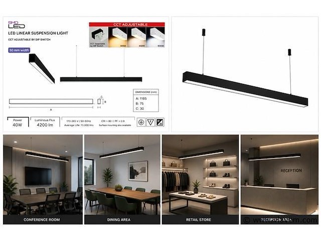 5 x led lineaire hanglamp 40w – 3cct instelbaar - zwart – innova3-40 3cct - afbeelding 5 van  5