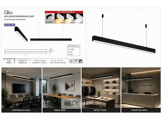 5 x led lineaire hanglamp 40w – 3cct instelbaar - zwart – innova3-40 3cct - afbeelding 6 van  6