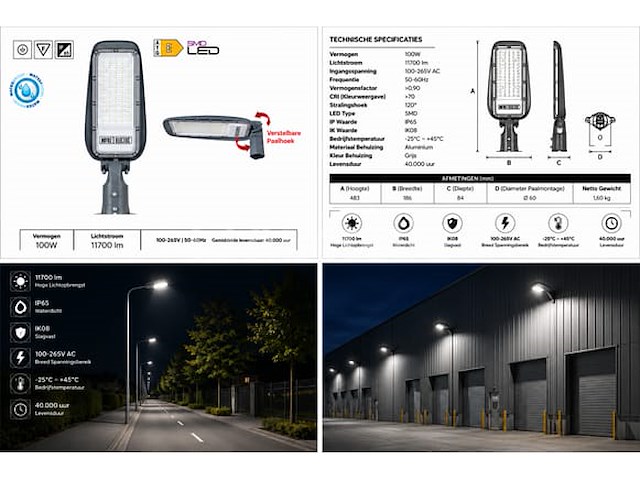 5 x led straatlamp 100w – 6400k koud wit - grijs – ip65 – florida-100 - afbeelding 2 van  5