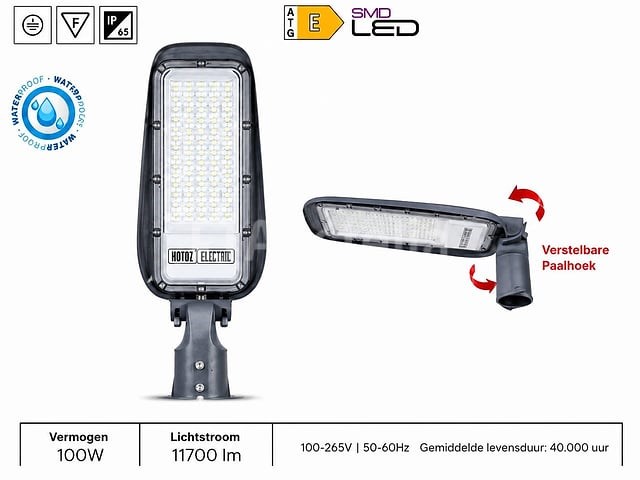 5 x led straatlamp 100w – 6400k koud wit - grijs – ip65 – florida-100 - afbeelding 3 van  5