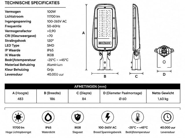 5 x led straatlamp 100w – 6400k koud wit - grijs – ip65 – florida-100 - afbeelding 4 van  5