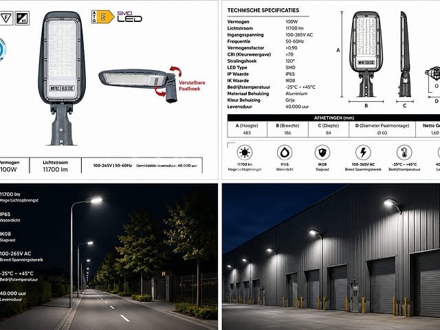 5 x led straatlamp 100w – 6400k koud wit - grijs – ip65 – florida-100 - afbeelding 5 van  5