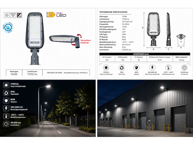 5 x led straatlamp 100w – 6400k koud wit - grijs – ip65 – florida-100 - afbeelding 5 van  5