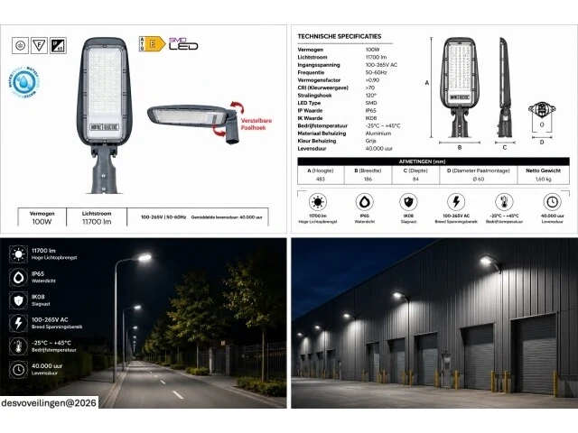 5 x led straatlamp 100w – 6400k koud wit - grijs – ip65 – florida-100 - afbeelding 6 van  6