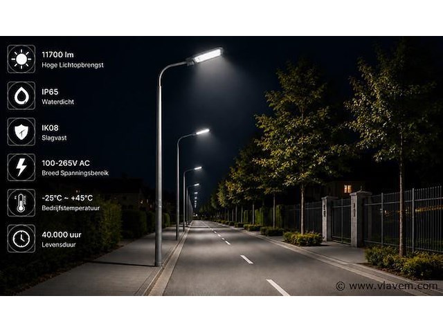 5 x led straatlamp 100w – 6400k koud wit - grijs – ip65 – florida-100 - afbeelding 3 van  5