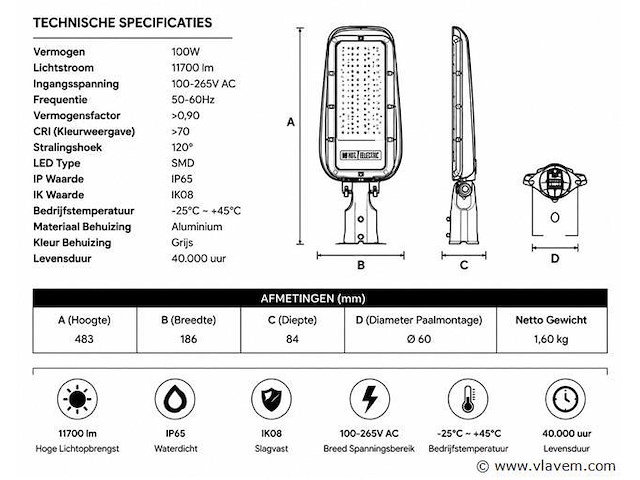 5 x led straatlamp 100w – 6400k koud wit - grijs – ip65 – florida-100 - afbeelding 4 van  5