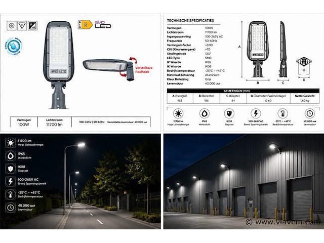 5 x led straatlamp 100w – 6400k koud wit - grijs – ip65 – florida-100 - afbeelding 5 van  5
