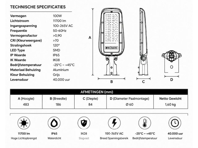 5 x led straatlamp 100w – 6400k koud wit - grijs – ip65 – florida-100 - afbeelding 5 van  6