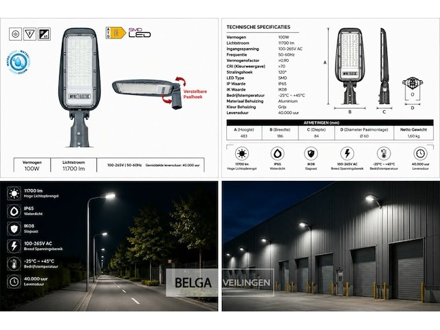 5 x led straatlamp 100w – 6400k koud wit - grijs – ip65 – florida-100 - afbeelding 6 van  6