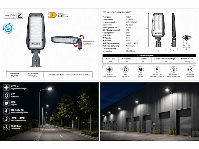 5 x led straatlamp 100w – 6400k koud wit - grijs – ip65 – florida-100 - afbeelding 5 van  5