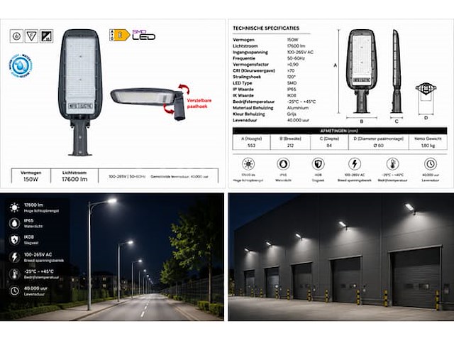 5 x led straatlamp 150w – 6400k koud wit - grijs – ip65 – florida-150 - afbeelding 4 van  5