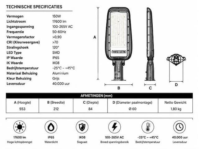 5 x led straatlamp 150w – 6400k koud wit - grijs – ip65 – florida-150 - afbeelding 5 van  5