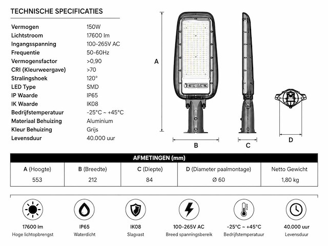 5 x led straatlamp 150w – 6400k koud wit - grijs – ip65 – florida-150 - afbeelding 4 van  5