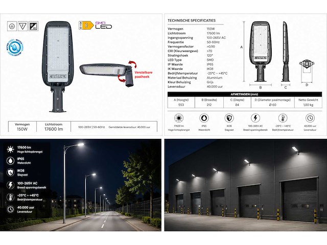 5 x led straatlamp 150w – 6400k koud wit - grijs – ip65 – florida-150 - afbeelding 5 van  5