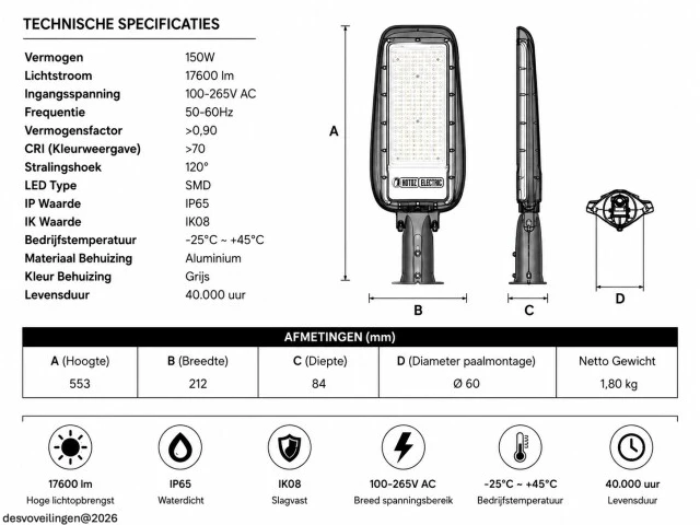 5 x led straatlamp 150w – 6400k koud wit - grijs – ip65 – florida-150 - afbeelding 5 van  6