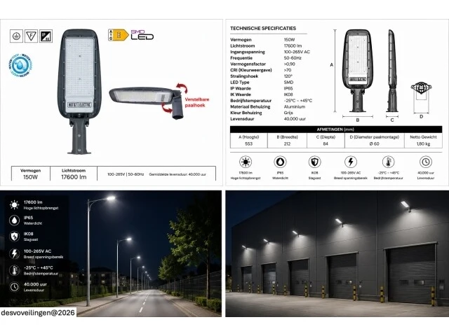 5 x led straatlamp 150w – 6400k koud wit - grijs – ip65 – florida-150 - afbeelding 6 van  6