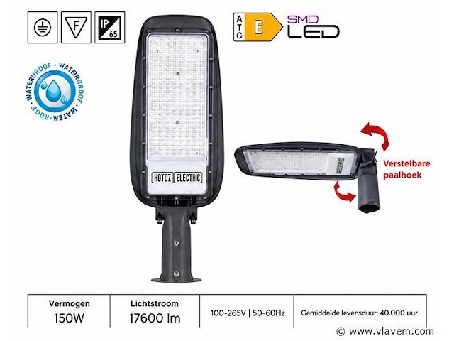 5 x led straatlamp 150w – 6400k koud wit - grijs – ip65 – florida-150 - afbeelding 1 van  5