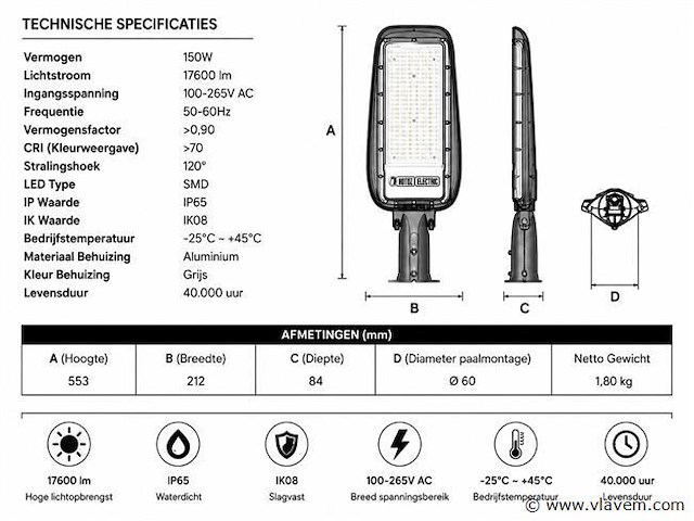 5 x led straatlamp 150w – 6400k koud wit - grijs – ip65 – florida-150 - afbeelding 4 van  5