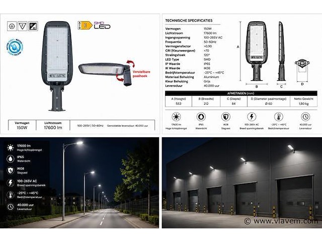 5 x led straatlamp 150w – 6400k koud wit - grijs – ip65 – florida-150 - afbeelding 5 van  5