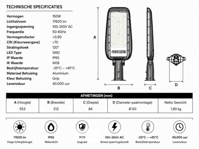5 x led straatlamp 150w – 6400k koud wit - grijs – ip65 – florida-150 - afbeelding 5 van  6