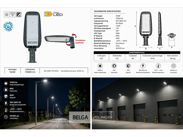 5 x led straatlamp 150w – 6400k koud wit - grijs – ip65 – florida-150 - afbeelding 6 van  6