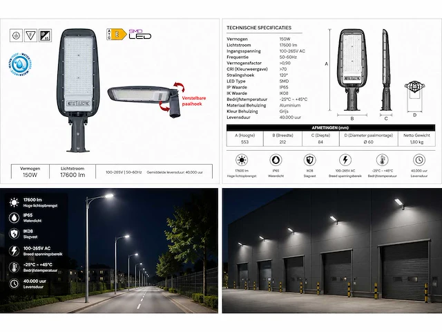 5 x led straatlamp 150w – 6400k koud wit - grijs – ip65 – florida-150 - afbeelding 5 van  5