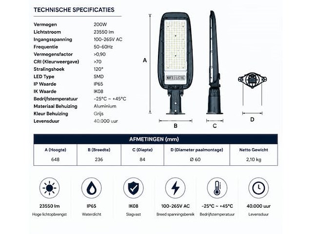 5 x led straatlamp 200w – 6400k koud wit - grijs – ip65 – florida-200 - afbeelding 2 van  5