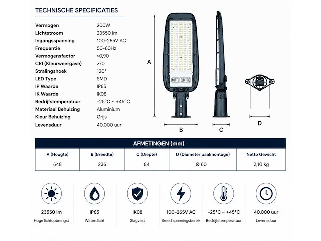 5 x led straatlamp 200w – 6400k koud wit - grijs – ip65 – florida-200 - afbeelding 4 van  5