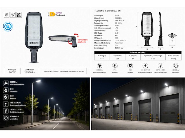 5 x led straatlamp 200w – 6400k koud wit - grijs – ip65 – florida-200 - afbeelding 5 van  5