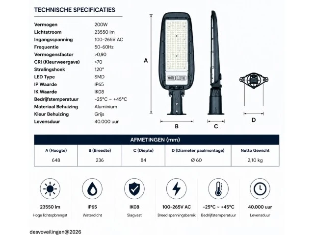 5 x led straatlamp 200w – 6400k koud wit - grijs – ip65 – florida-200 - afbeelding 5 van  6