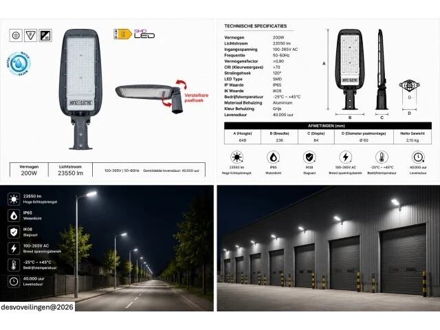 5 x led straatlamp 200w – 6400k koud wit - grijs – ip65 – florida-200 - afbeelding 6 van  6