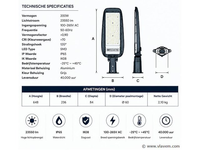 5 x led straatlamp 200w – 6400k koud wit - grijs – ip65 – florida-200 - afbeelding 4 van  5