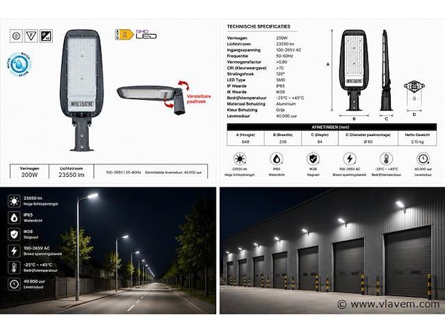 5 x led straatlamp 200w – 6400k koud wit - grijs – ip65 – florida-200 - afbeelding 5 van  5