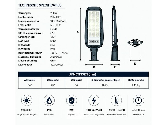 5 x led straatlamp 200w – 6400k koud wit - grijs – ip65 – florida-200 - afbeelding 5 van  6