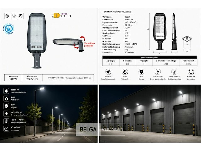 5 x led straatlamp 200w – 6400k koud wit - grijs – ip65 – florida-200 - afbeelding 6 van  6