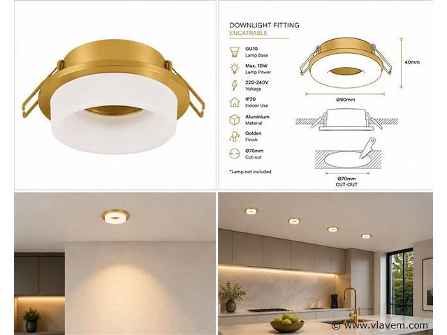 50 x downlight fitting – gu10 – goud – ø70mm – ip20 – kadife - afbeelding 5 van  5