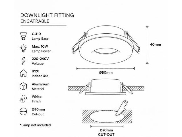 50 x downlight fitting – gu10 – wit – ø70mm – ip20 – kadife - afbeelding 3 van  5