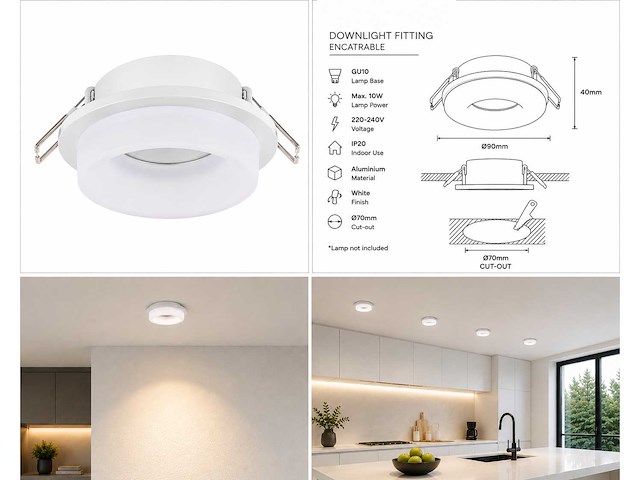 50 x downlight fitting – gu10 – wit – ø70mm – ip20 – kadife - afbeelding 3 van  3