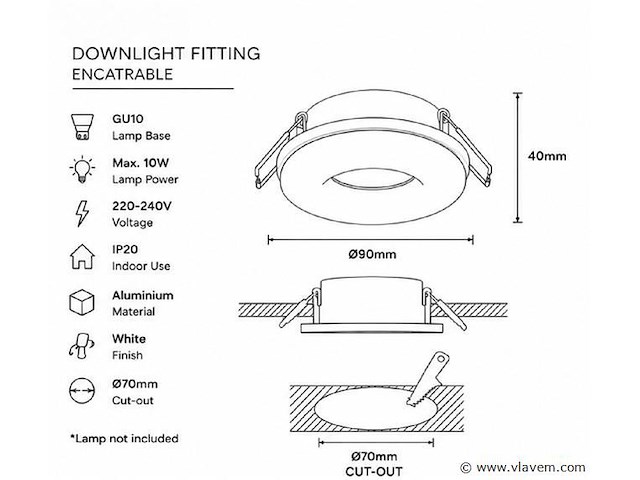 50 x downlight fitting – gu10 – wit – ø70mm – ip20 – kadife - afbeelding 4 van  5
