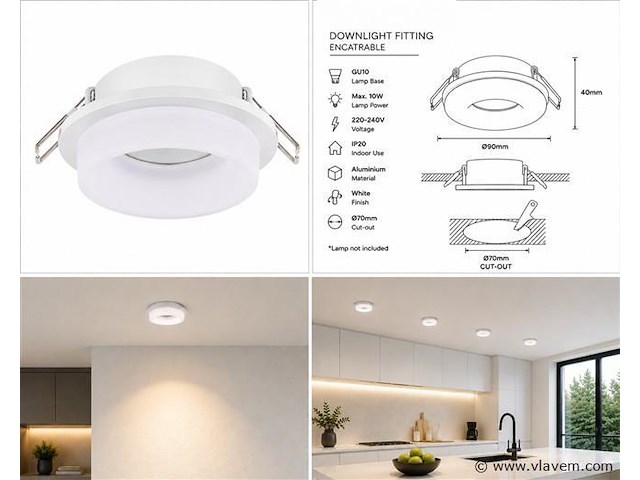 50 x downlight fitting – gu10 – wit – ø70mm – ip20 – kadife - afbeelding 5 van  5