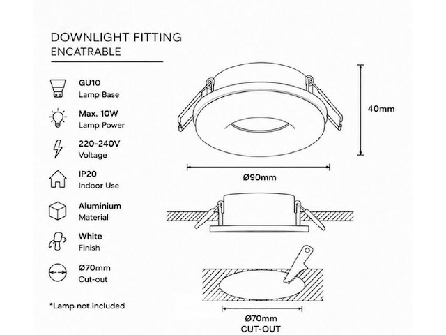 50 x downlight fitting – gu10 – wit – ø70mm – ip20 – kadife - afbeelding 5 van  6