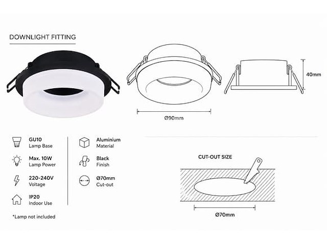 50 x downlight fitting – gu10 – zwart – ø70mm – ip20 – kadife - afbeelding 3 van  5
