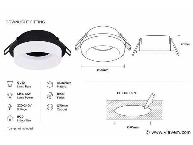 50 x downlight fitting – gu10 – zwart – ø70mm – ip20 – kadife - afbeelding 3 van  5