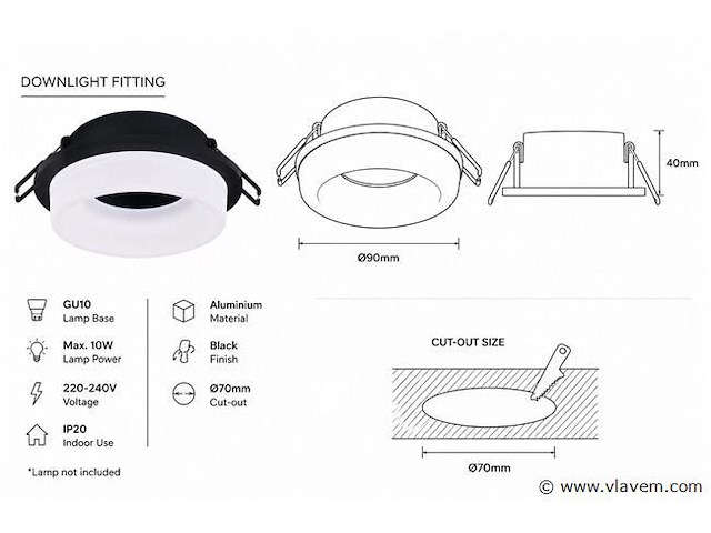 50 x downlight fitting – gu10 – zwart – ø70mm – ip20 – kadife - afbeelding 3 van  5
