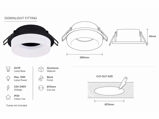 50 x downlight fitting – gu10 – zwart – ø70mm – ip20 – kadife - afbeelding 3 van  5