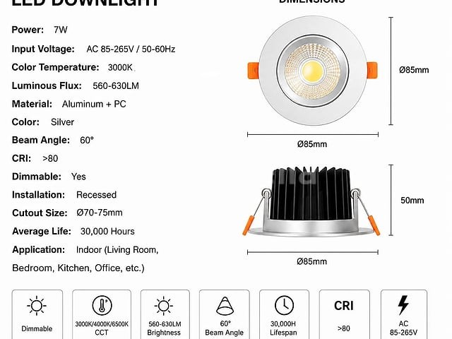 50 x led downlight – 7w – draaibaar – dimbaar – 3000k warm – zilver - afbeelding 2 van  3