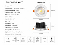 50 x led downlight – 7w – draaibaar – dimbaar – 3000k warm – zilver - afbeelding 2 van  3