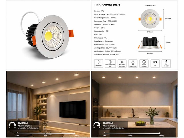 50 x led downlight – 7w – draaibaar – dimbaar – 3000k warm – zilver - afbeelding 3 van  3
