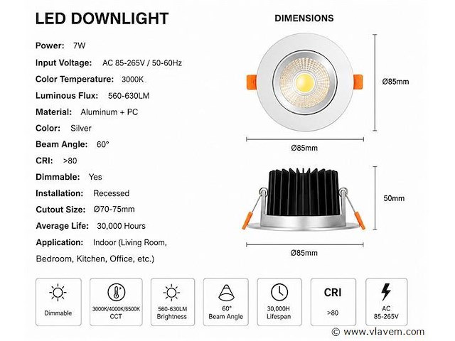 50 x led downlight – 7w – draaibaar – dimbaar – 3000k warm – zilver - afbeelding 3 van  4