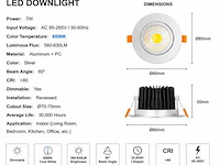 50 x led downlight – 7w – draaibaar – dimbaar – 6500k koud wit – zilver - afbeelding 3 van  4